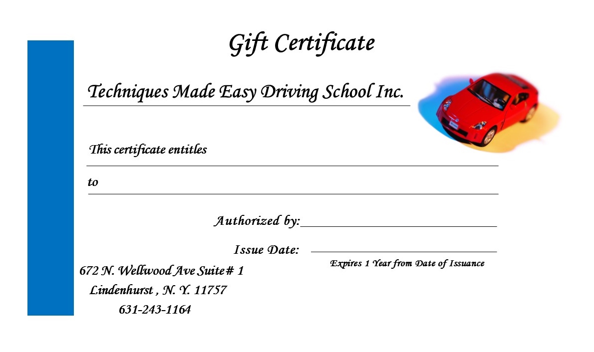 Techniques Made Easy Gift Certificate for Road Test Prep